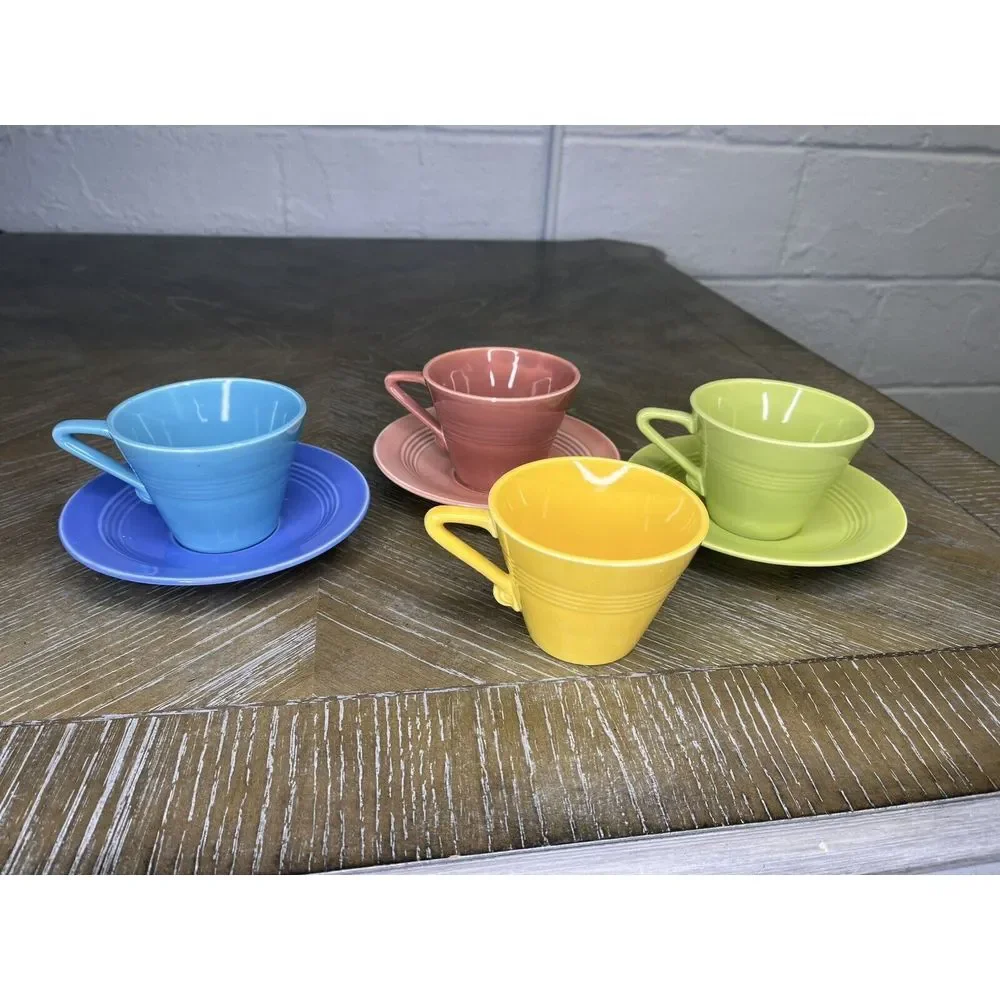 Homer Laughlin China - Harlequin 4 Cups 3‎ Saucers - Chartreuse Yellow Blue Rose